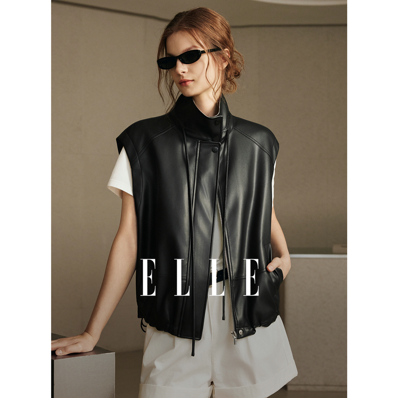 13735381.ELLE撞色拼接皮质女式马夹摩登休闲风廓形无袖短马甲