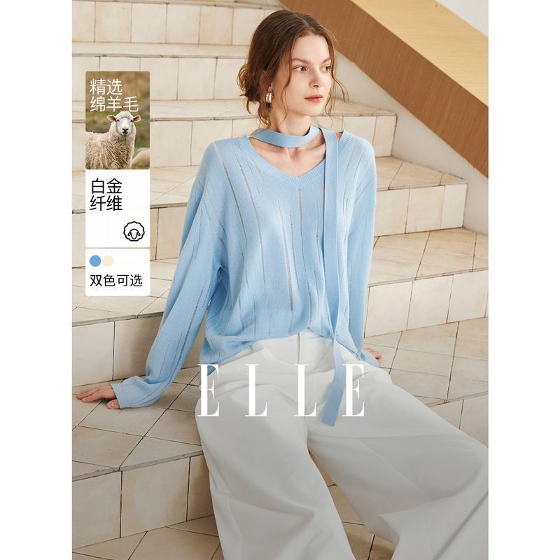 13735416.ELLE绵羊毛镂空女式毛衣都市休闲风不规则针织衫