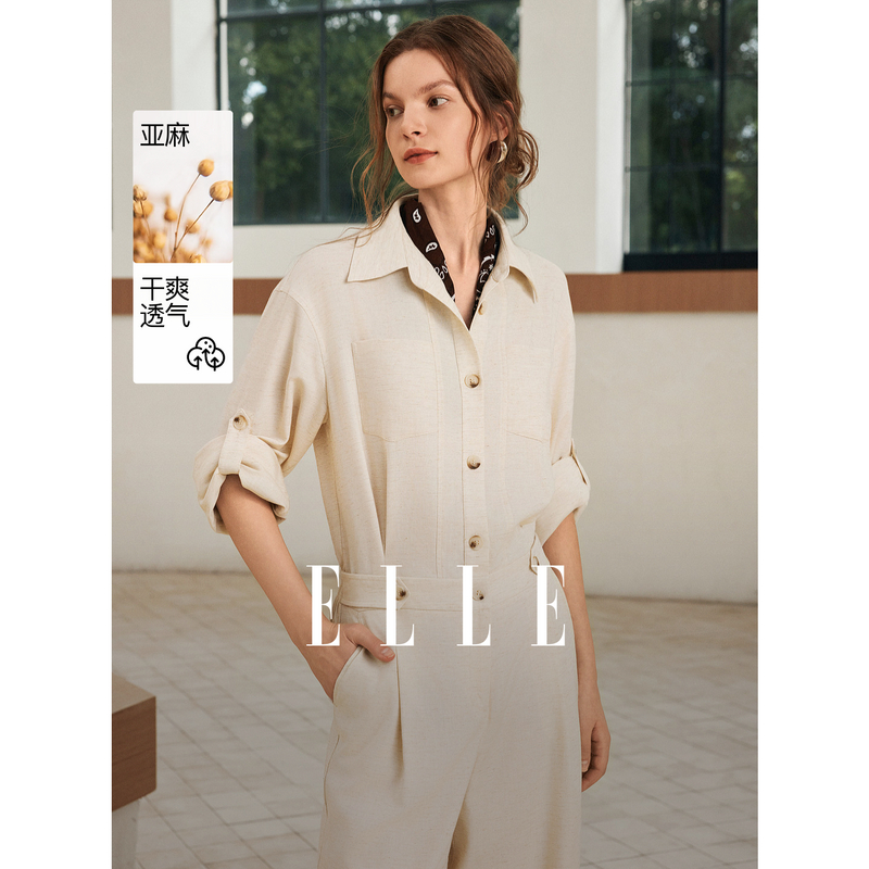 13735393.ELLE亚麻衬衫式女式连体裤都市通勤风阔腿连体长裤