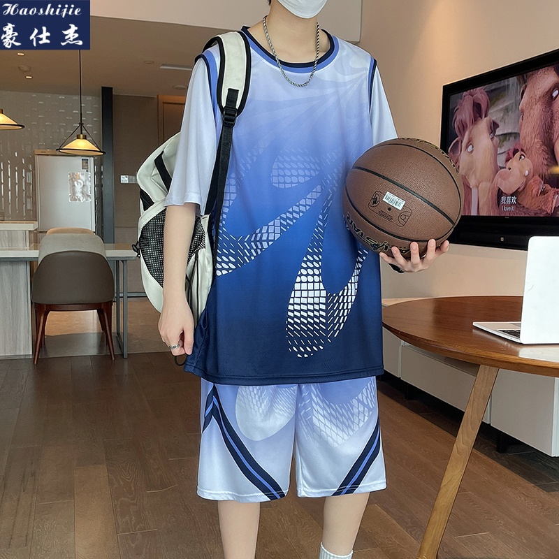 13736897.《时髦透气》夏季新款青少年假两件休闲速干透气运动篮球套装