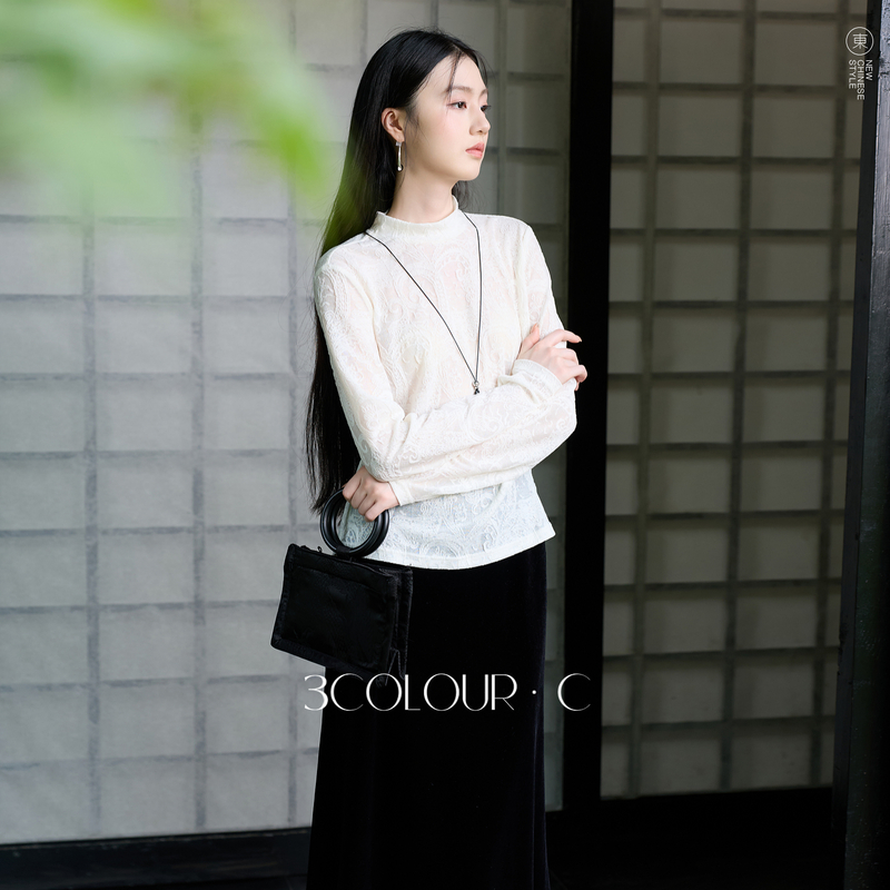 13735985.【风吹花落】三彩2026秋季新款新中式蕾丝小衫立领长袖内搭打底C