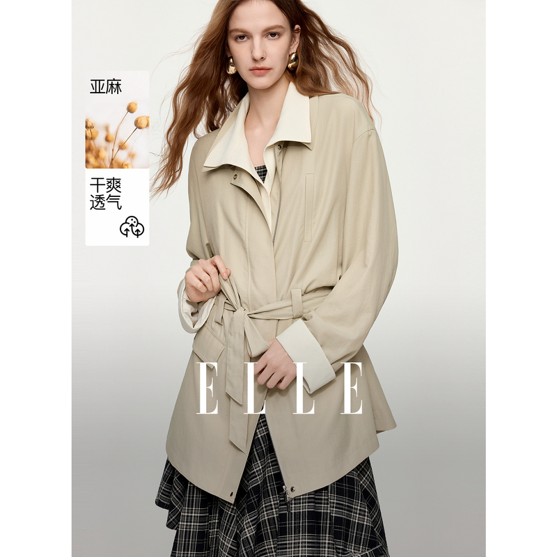 13735371.ELLE亚麻肌理感拼接女式风衣摩登通勤风宽松外套