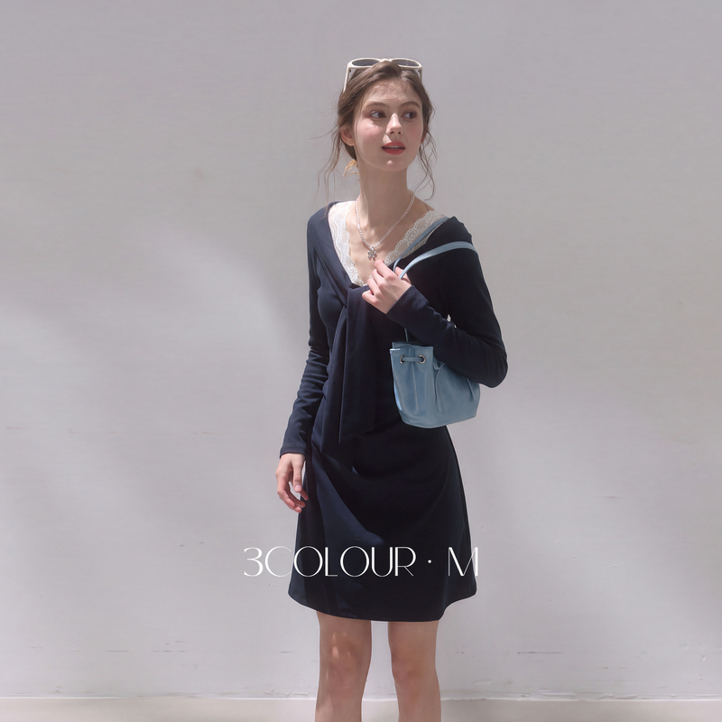 13735443.三彩2026秋季新款蕾丝拼接连衣裙绑带长袖A字裙短裙M
