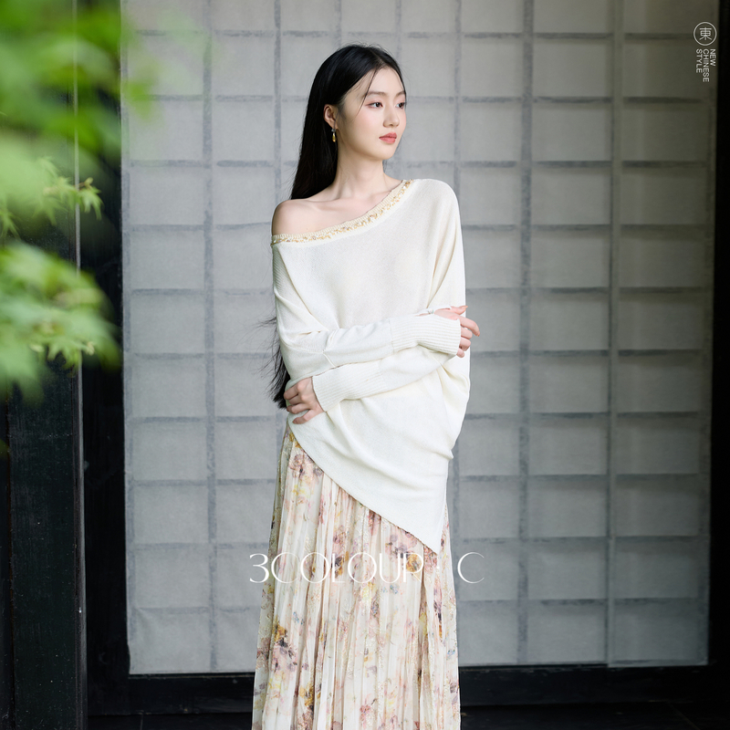 13735990.【星河清梦】三彩2026秋季新款新中式针织衫斜肩长袖毛衫C