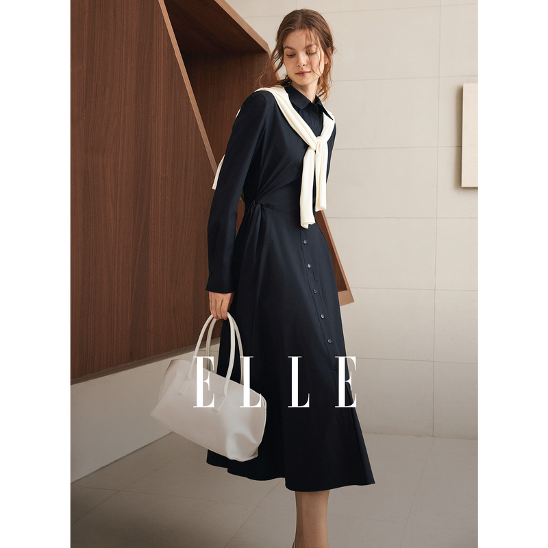 13735377.ELLE纯棉收腰衬衫连衣裙女法式通勤风气质长裙