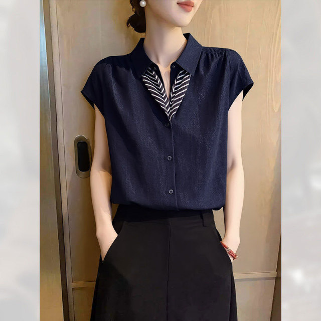 13738685.丹芙娅Polo领职业短袖衬衫女新款独特高级感衬衣宽松显瘦上衣