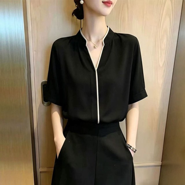 13738684.丹芙娅法式黑色V领衬衫女短袖2026夏季新款洋气减龄宽松显瘦设计感上衣