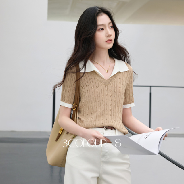 13680320.三彩2026秋季新款老钱风绞花肌理针织衫Polo领短袖毛衫修身上衣S