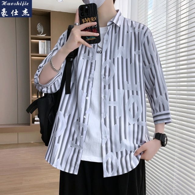 13747062.《冰爽速干》夏季新款简约文艺青年痞帅中袖七分袖衬衫男