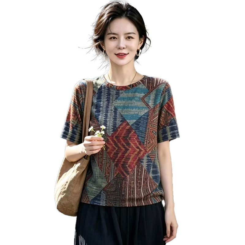 13747316.妈妈装圆领撞色时尚休闲T恤Q7GTY26816