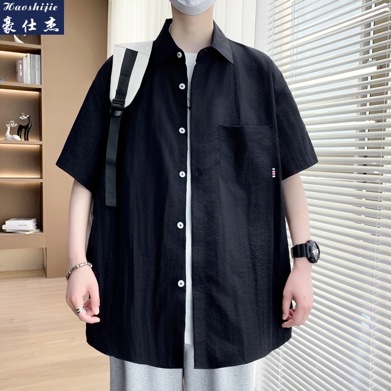 13747056.《舒适透气》夏季港风纯色百搭工装短袖衬衫青少年