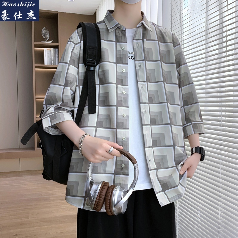 13747059.《百搭潮流》夏季新款简约潮流文艺青年碎花中袖七分袖衬衫男