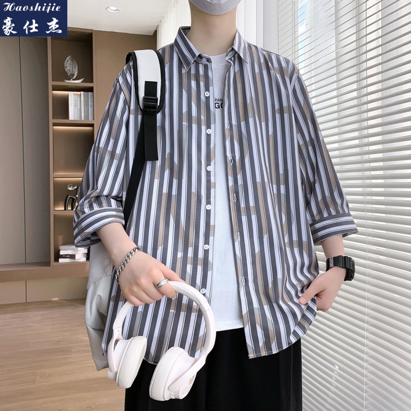 13747062.《冰爽速干》夏季新款简约文艺青年痞帅中袖七分袖衬衫男