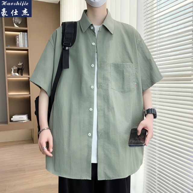 13747056.《舒适透气》夏季港风纯色百搭工装短袖衬衫青少年