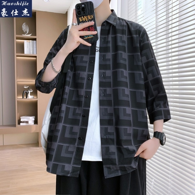 13747059.《百搭潮流》夏季新款简约潮流文艺青年碎花中袖七分袖衬衫男