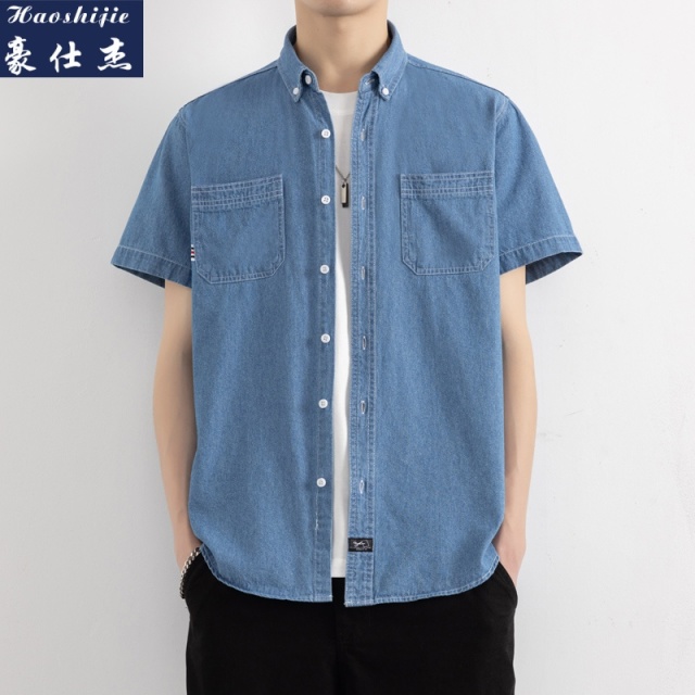 13747055.《百搭潮流》夏季新款简约潮流宽松半袖牛仔短袖衬衫男