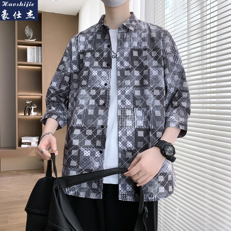 13747060.《百搭潮流》夏季新款文艺青年碎花中袖七分袖衬衫男