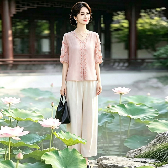 13747321.妈妈装中式国风刺绣衬衫+裤子时尚两件套装Q7GHL270