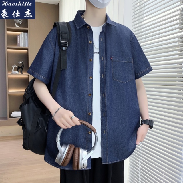 13747058.《百搭潮流》夏季新款潮流舒适纯棉半袖牛仔衬衫薄款短袖衬衣男