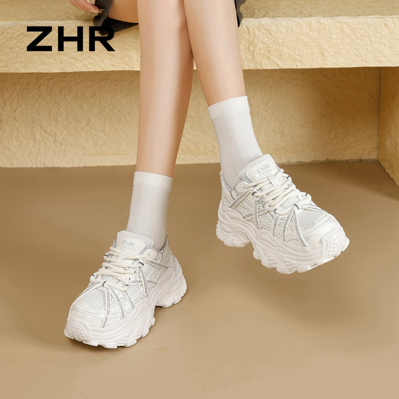 13844553.【ZHR则则】老爹鞋圆头水钻系带厚底女鞋[PU+网布]
