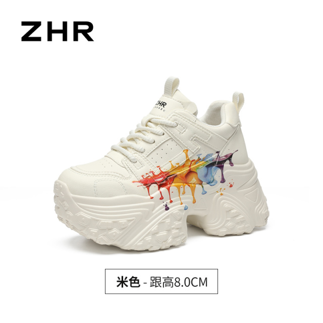 13844557.【ZHR则则】内增高老爹鞋涂鸦圆头系带厚底女鞋[PU]