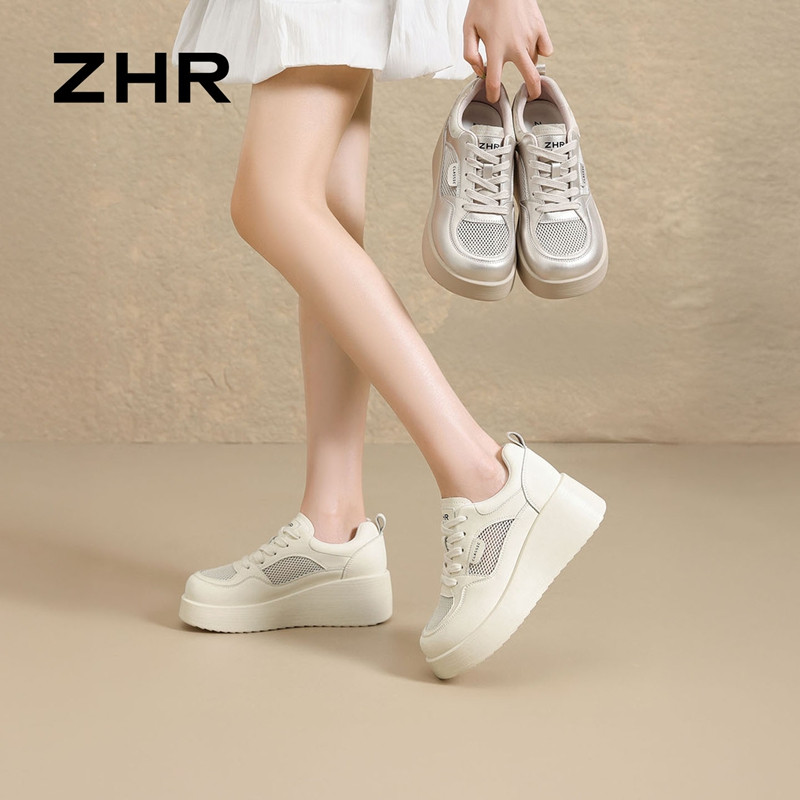 13748958.【ZHR则则】内增高小白鞋圆头系带网面女鞋[超纤+网布]