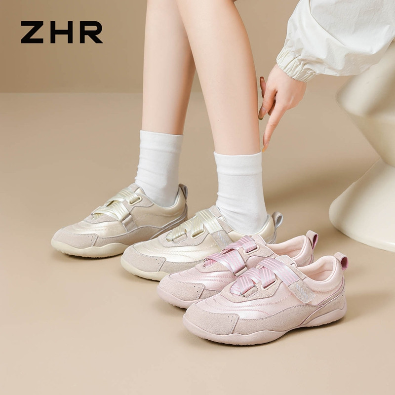 13749008.【ZHR则则】薄底德训鞋圆头魔术贴平底女鞋[头层猪皮+丝光布]