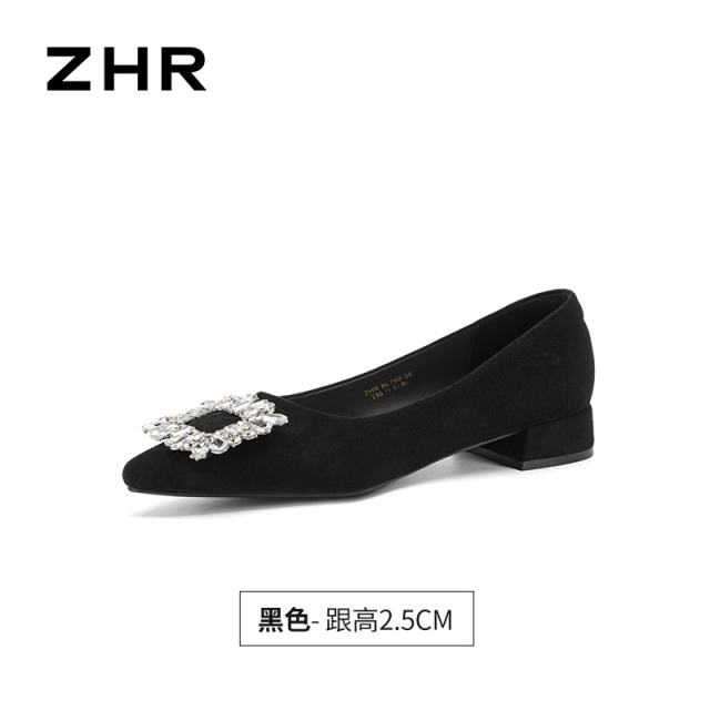 13748908.【ZHR则则】粗跟浅口尖头套脚水钻女鞋[绒布]