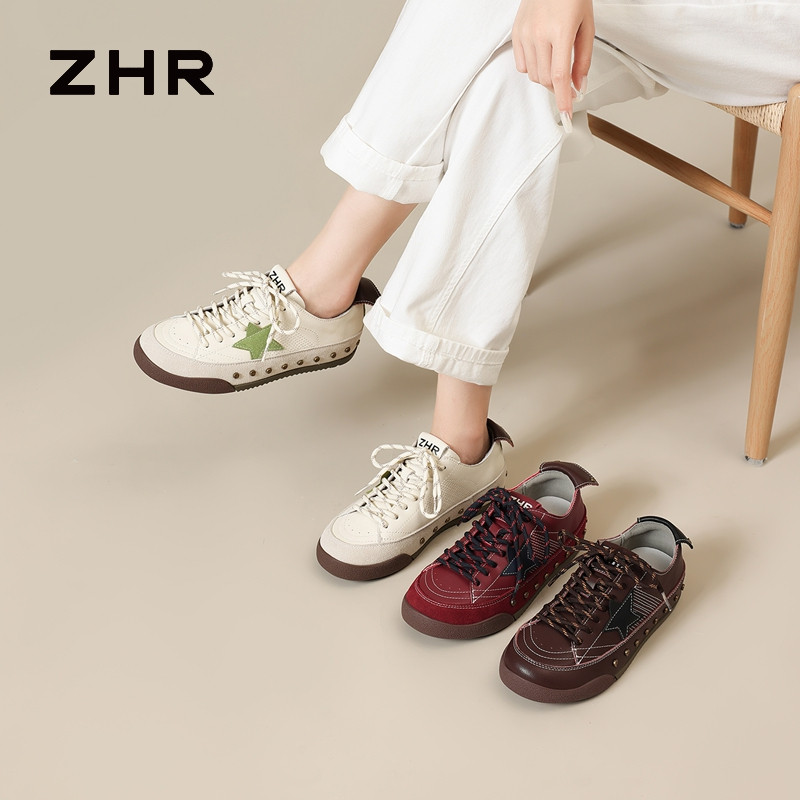 13748975.【ZHR则则】薄底德训鞋圆头系带平底女鞋[牛剖层移膜革+牛纤绒]