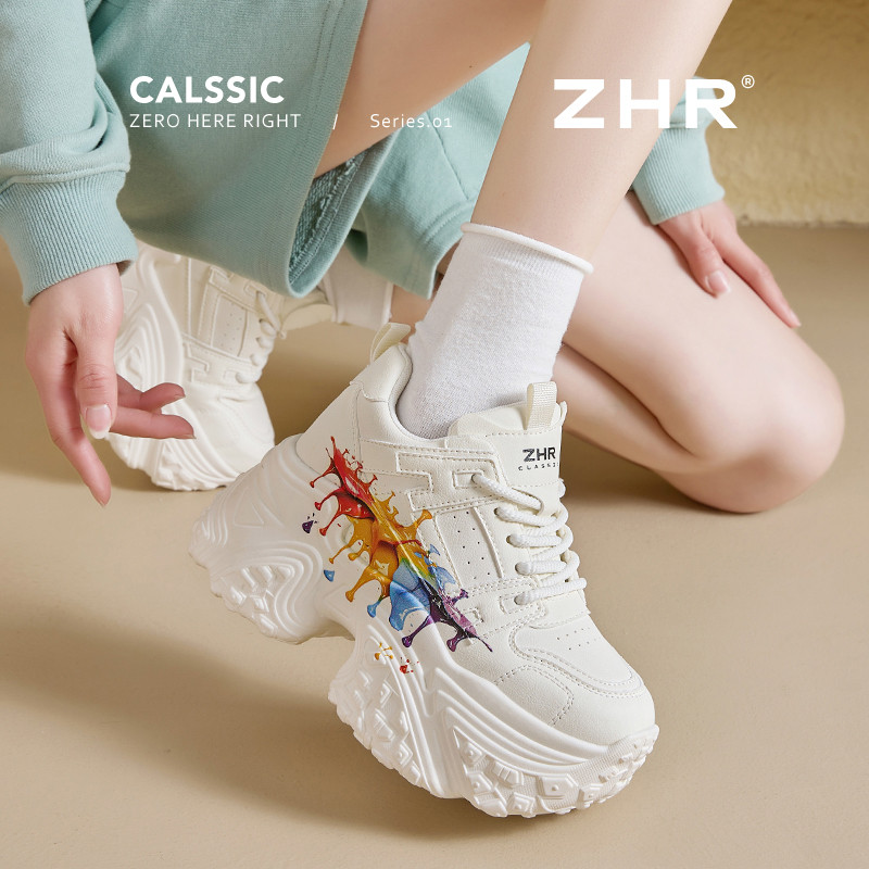 13844557.【ZHR则则】内增高老爹鞋涂鸦圆头系带厚底女鞋[PU]