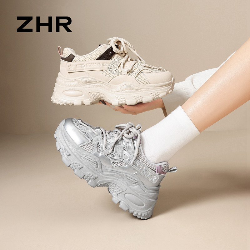 13748979.【ZHR则则】老爹鞋圆头系带厚底女鞋[PU+网布]