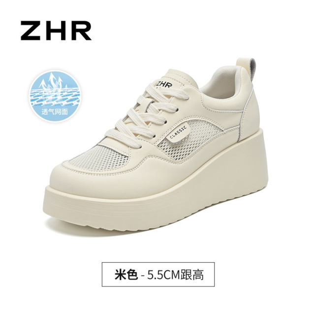 13748958.【ZHR则则】内增高小白鞋圆头系带网面女鞋[超纤+网布]
