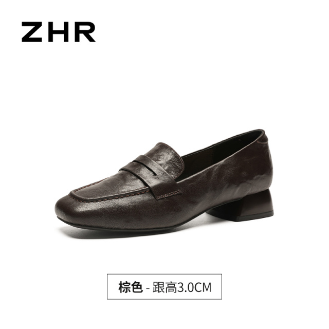 13748953.【ZHR则则】粗跟乐福鞋方头套脚粗跟女鞋[头层羊皮]