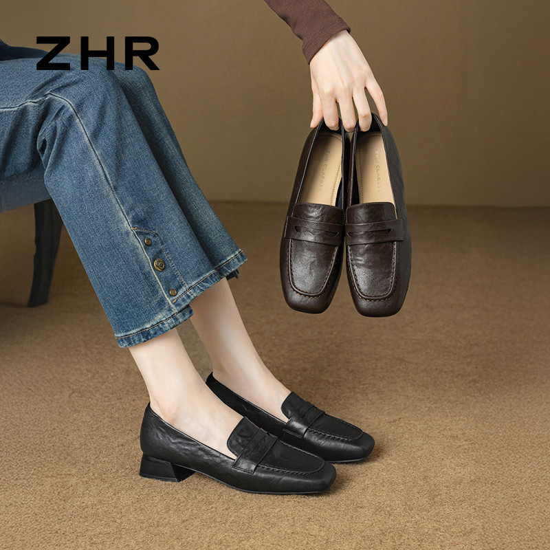 13748953.【ZHR则则】粗跟乐福鞋方头套脚粗跟女鞋[头层羊皮]