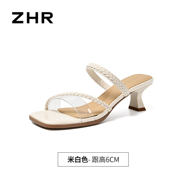 13748889.【ZHR则则】高跟拖鞋露趾套脚细跟女鞋[PU+PVC]