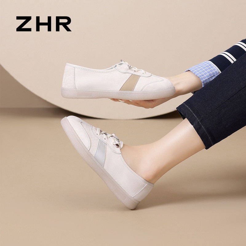 13748918.【ZHR则则】薄底德训鞋圆头松紧带平底女鞋[头层猪皮]