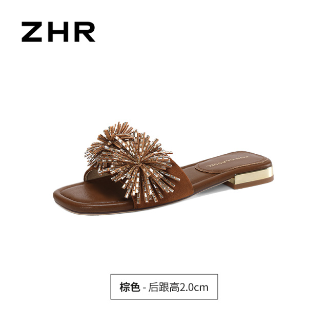 13800156.【ZHR则则】平底拖鞋露趾套脚小粗跟女鞋[羊京绒]