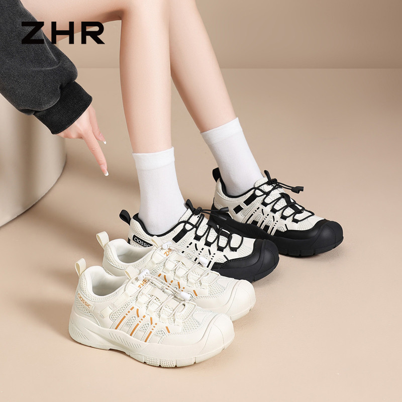 13844556.【ZHR则则】户外休闲鞋圆头抽绳系带厚底女鞋[PU+网布]