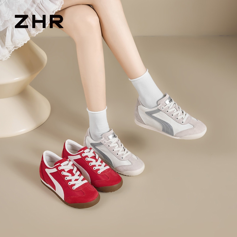 13748957.【ZHR则则】薄底德训鞋圆头系带内增高女鞋[雨伞布+头层猪皮]