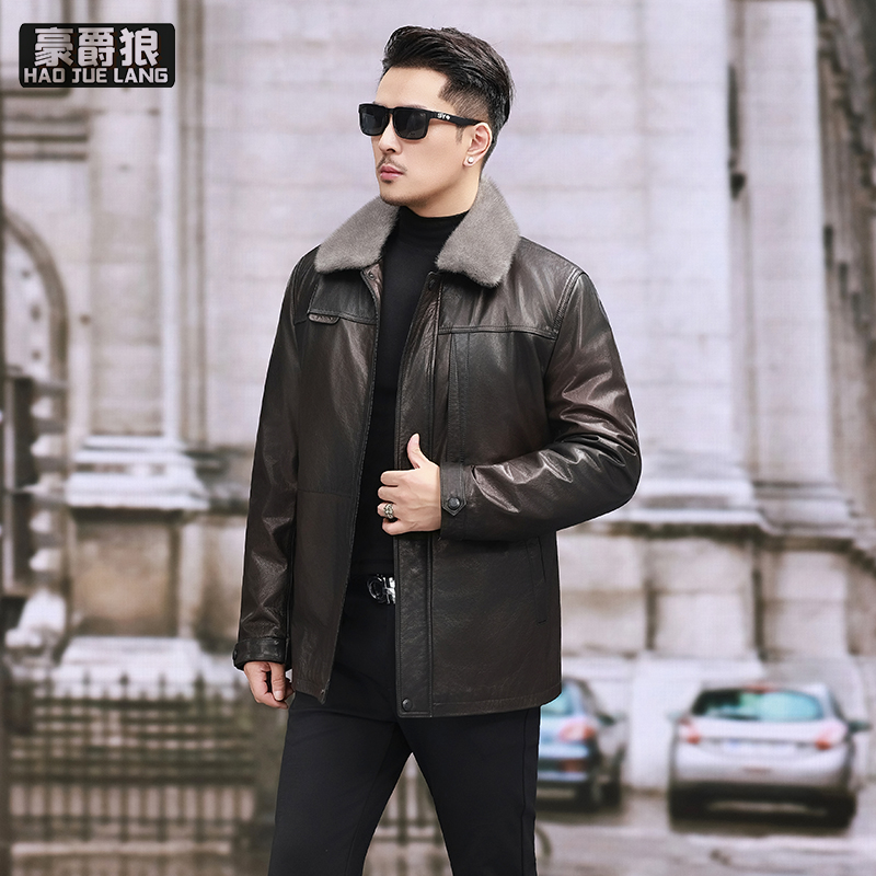 13750265.牛皮衣男士常规水貂毛领羽绒服内胆皮大衣男装外套冬保暖真皮夹克
