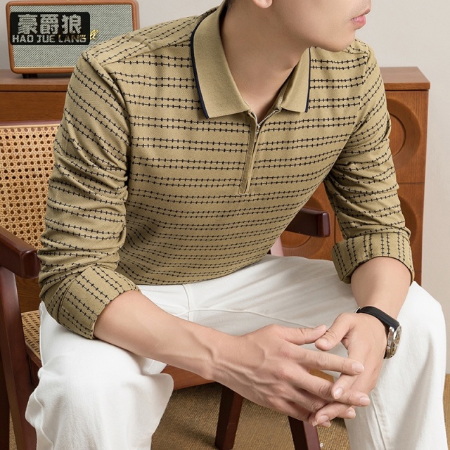 13750989.男士春秋新款翻领宽松Polo衫长袖拉链条纹T恤简约中青年男装上衣
