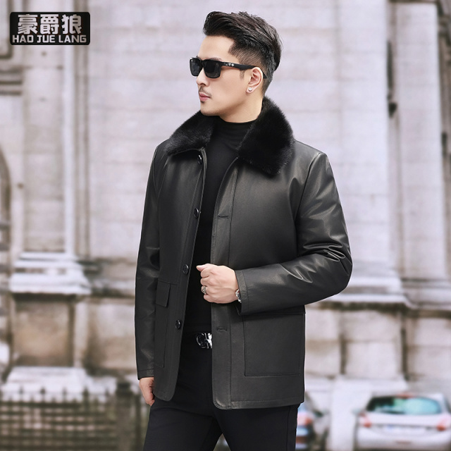 13750276.头层牛皮真皮皮衣男士狐狸毛领扣款纯皮夹克爸爸通勤商务透气耐磨皮衣