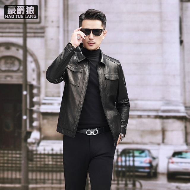 13750278.头层牛皮真皮皮衣男通勤新款春秋季机车服外套翻领工装油蜡皮夹克