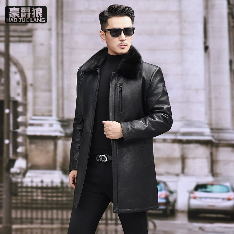 13750257.山羊皮真皮皮衣男中长款加厚羽绒内胆中老年爸爸外套皮草风衣外套冬