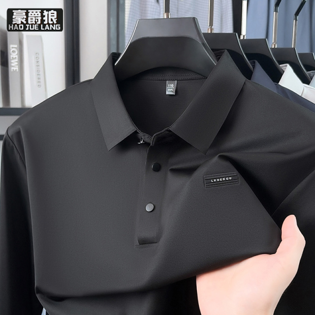 13750990.凉感Polo衫长袖翻领POLO衫男士春秋季桑蚕丝中老年商务休闲