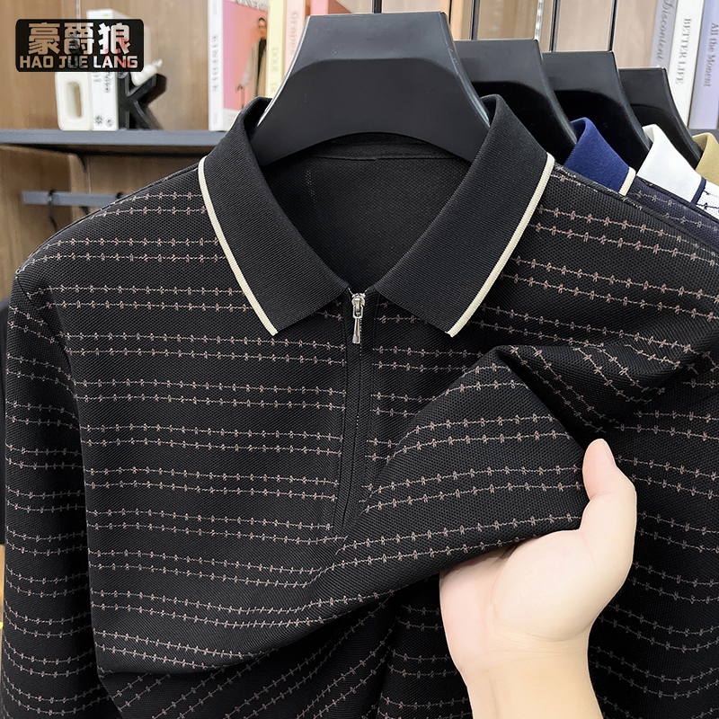 13750989.男士春秋新款翻领宽松Polo衫长袖拉链条纹T恤简约中青年男装上衣
