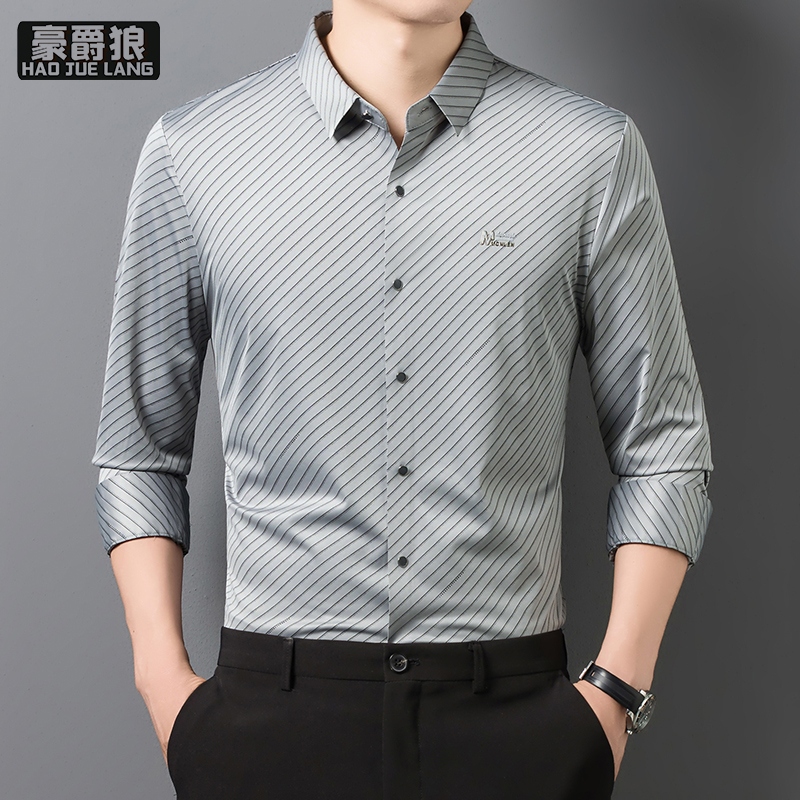 13750983.长袖衬衫男条纹春秋季新款中年爸爸薄款上衣商务休闲衬衣