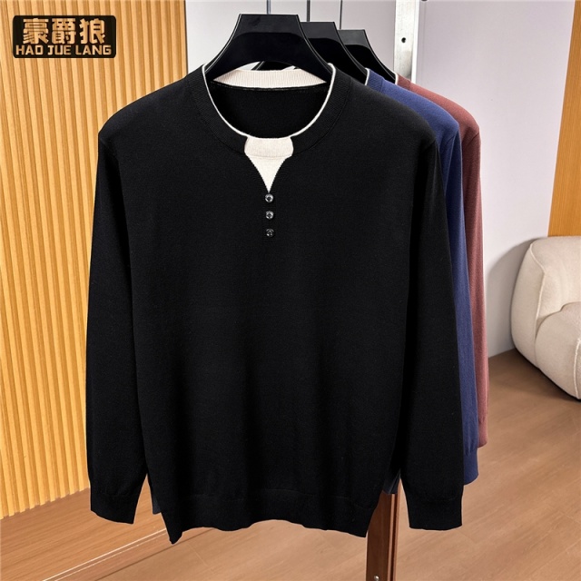 13750929.假两件圆领针织衫男长袖套头百搭休闲上衣秋季T恤中年男款