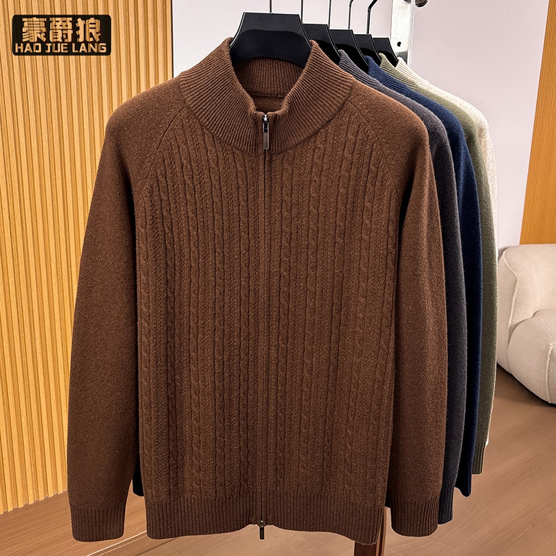 13750932.男士半高拉链领羊毛衫冬季新款加厚保暖麻花纹针织衫毛衣开衫外套
