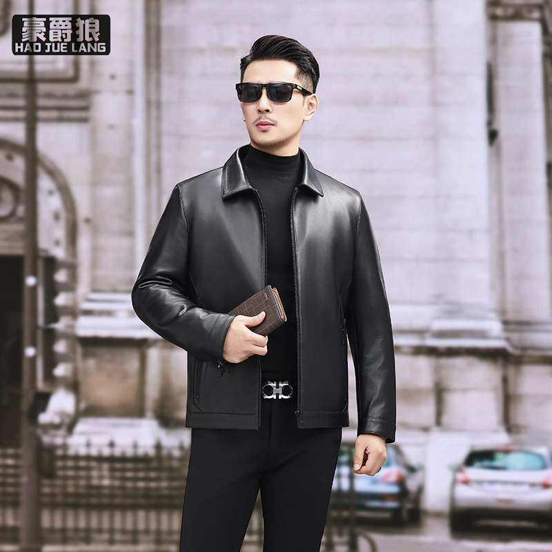 13750268.真皮头层绵羊皮翻领简约男装皮夹克通勤商务羊皮透气耐磨皮衣